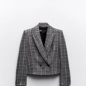 Zara Black and White Textured Cropped Blazer